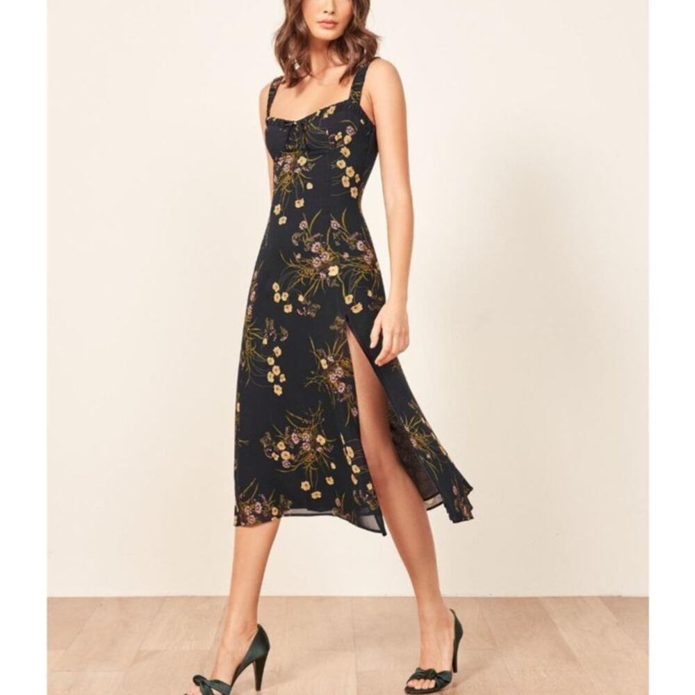 Reformation Kallie Navy Floral Side Slit Dress 2 Sleeveless Green Yellow Midi - Picture 1 of 7